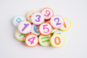 Number wood block cubes for learning Mathematic, education math concept.