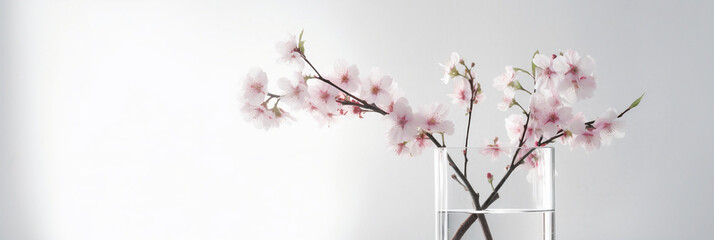Obraz premium Cherry blossom branches in a glass vase on white with writing space, spring bouquet, room decor, Elegant business card mockup, Mother's Day postcard, Freshness, Minimalist, Generative AI