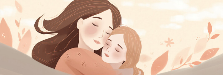 Mother's Day, illustration of mom and daughter hugging each other for text, Generative AI