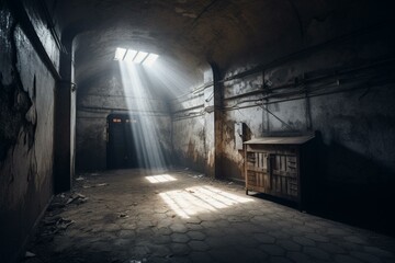 Abandoned chamber with concrete walls. Punctured lighting casts dramatic shadows. Generative AI