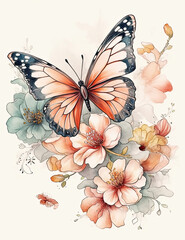 Butterfly, asian style, flowers, pastel colors, digital prints, digital assets, watercolor. Generative AI.