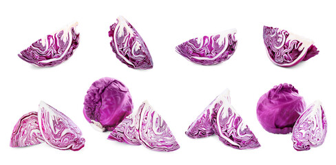 Collage with fresh red cabbages on white background
