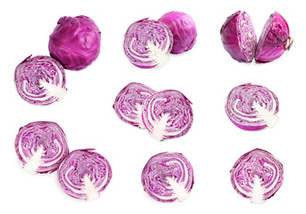 Collage with whole and cut fresh red cabbages on white background