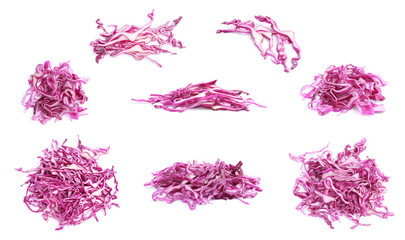 Collage with piles of shredded fresh red cabbage on white background