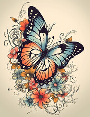 Butterfly, asian style, flowers, pastel colors, digital prints, digital assets, watercolor. Generative AI.