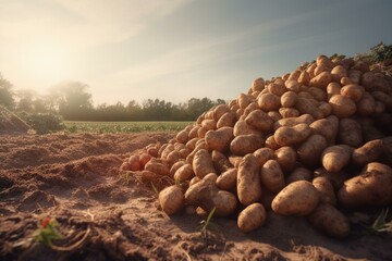 Fototapeta na wymiar Field of crops with freshly harvested potatoes in a pile. Generative AI
