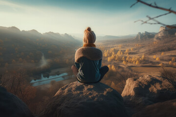 Discover serenity with this clipart of a woman meditating in nature, balancing her mind through practiced yoga.