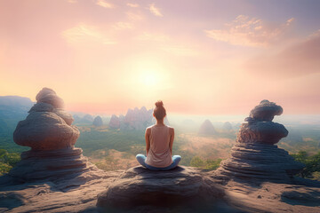 Discover serenity with this clipart of a woman meditating in nature, balancing her mind through practiced yoga.