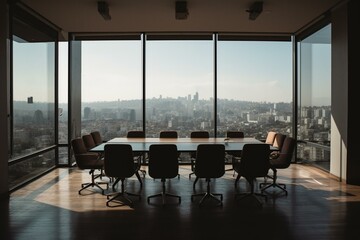 Conference room with chairs & city view. Generative AI