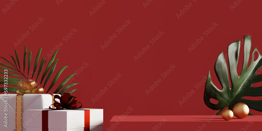 Poster gift box background podium with red background, 3d rendering