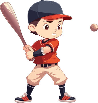 Vector Illustration of Baseball Player Kid Boy Hitting the ball, cartoon style