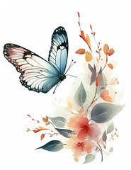 Butterfly, asian style, flowers, pastel colors, digital prints, digital assets, watercolor. Generative AI.
