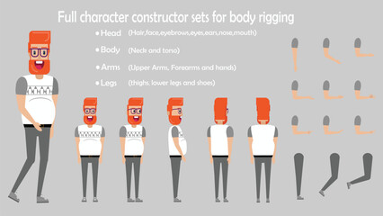 Cartoon 2d man character constructor sets for full body and head rigging design vector	