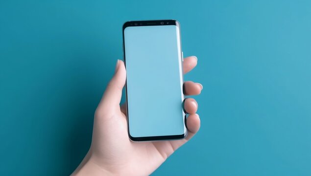 Blue background accentuates hands holding smartphone