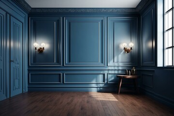 Blue beadboard wainscoting on wall with wooden floor. Interior design. 3D. Generative AI