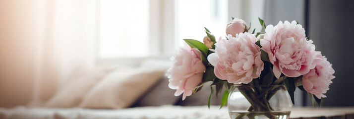 Modern bohemian room with peony bouquet, Soft pink peonies in vase on rustic backdrop, melancholy picture, Bohemian style, fashionable comfort, Generative AI