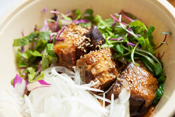 grilled meat with rice and vegetables