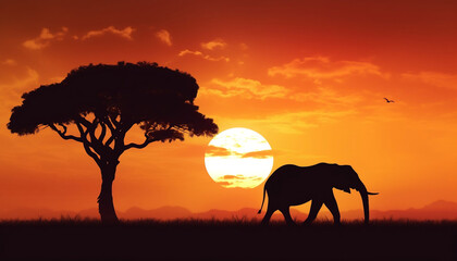 Naklejka na ściany i meble African landscape with the silhouette of two elephants at sunset, Earth?s day concept, Generative AI