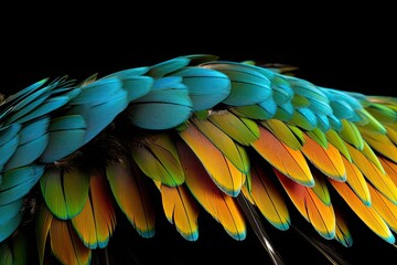 Obraz premium close up view of the vibrant and colorful feathers of a tropical bird. Generative AI