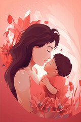 Illustration of mother with her little child, flower in the background, Concept of mothers day, mothers love, relationships between mother and child, Generative AI