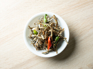 Stir-fried anchovies on a plate, Korean side dish