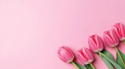 pink tulips on a pink wall, isolated background, blank empty, template for text, mothers day, Generative AI