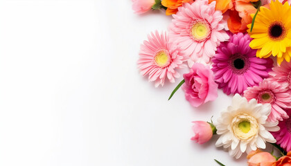 Happy Mother's Day greeting card with a bouquet of beautiful flowers on a white background and for your text, Generative AI