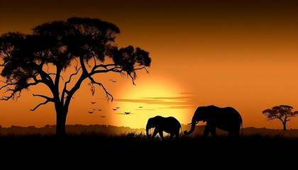 Fototapeta na wymiar African landscape with the silhouette of two elephants at sunset, Earth?s day concept, Generative AI