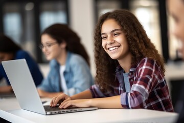 Happy high school girl using laptop in classroom. Generative AI