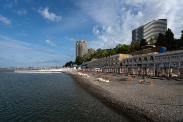 View of the beaches along the Primorsky street of Sochi on a sunny morning, Sochi, Krasnodar...