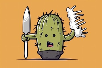 happy cartoon cactus ready to eat with a knife and fork. Generative AI