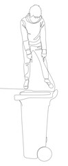 One continuous line of Man pointing with finger at Garbage Bin. Thin Line Illustration vector concept. Contour Drawing Creative ideas.