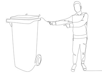One continuous line of Man pointing with finger at Garbage Bin. Thin Line Illustration vector concept. Contour Drawing Creative ideas.