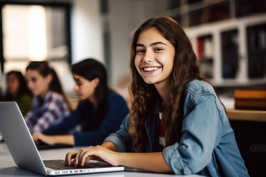 Happy high school girl using laptop in classroom. Generative AI