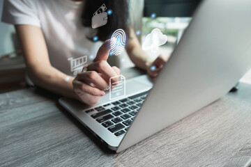Businesswoman finger scan for unlock password to go through online information. digital cybersecurity and network financial and technology concept.