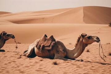 Fototapeta premium two camels resting in the desert sand. Generative AI