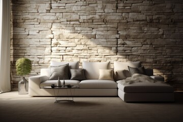modern living room with a white couch and a rustic stone wall. Generative AI
