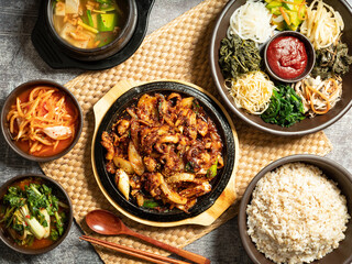 Stir-fried webfoot octopus, various vegetable bibimbap, and soybean paste stew