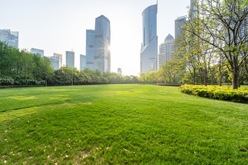 Fototapeta premium shanghai city skyline with green lawn