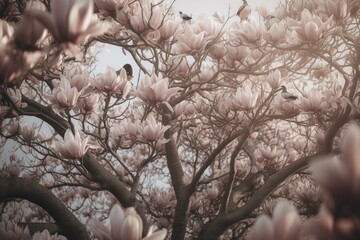 Magnolia tree in bloom, adorned by hand-drawn grey birds. Generative AI