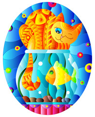Illustration in stained glass style with red abstract cat and goldfish in the aquarium , oval picture