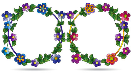 Set of illustrations in stained glass style with flower wreaths, flower frames isolated on a white background