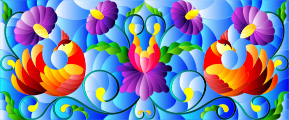 Stained glass illustration with a bright abstract birds on a background of leaves, flowers and blue sky, rectangular image