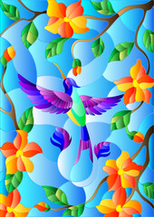 Illustration in stained glass style with colorful Hummingbird on background of the sky ,greenery and flowers