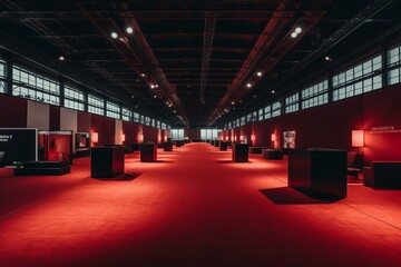 Vacant exhibition center with red carpeted exhibition stands, digitally created. Generative AI