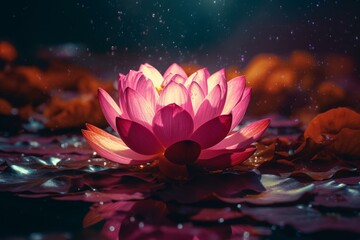 A pink lotus on a magical lake, sparkling in a flow with bright aura. Digital art. Generative AI