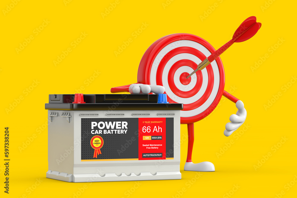 Fototapete archery target and dart in center cartoon person character mascot and rechargeable car battery 12v a