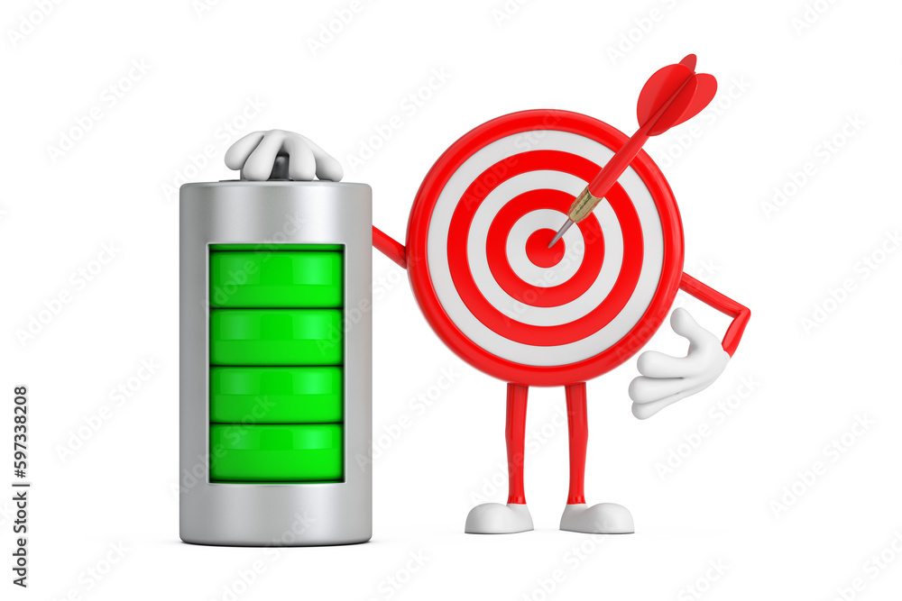 Fototapete archery target and dart in center cartoon person character mascot with abstract charging battery. 3d