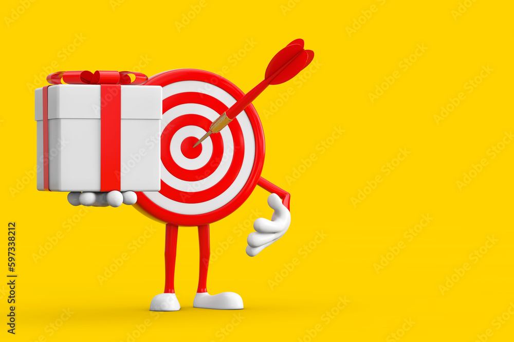 Aufkleber archery target and dart in center cartoon person character mascot and gift box with red ribbon. 3d r