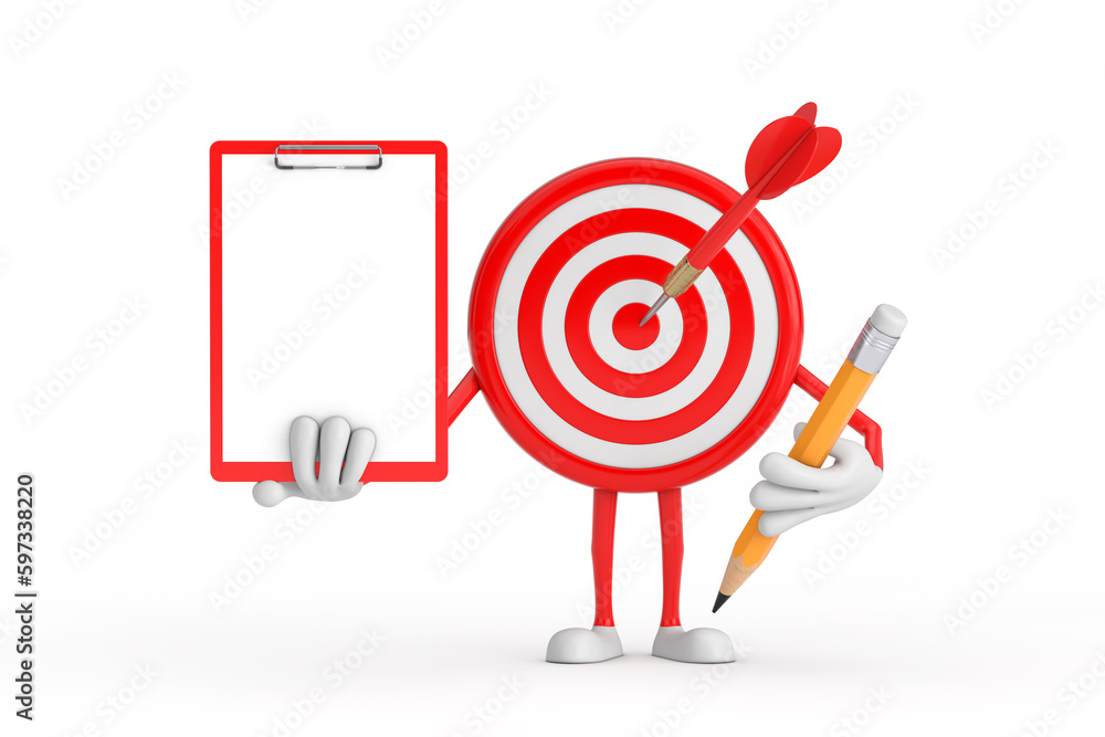 Poster archery target and dart in center cartoon person character mascot with red plastic clipboard, paper 